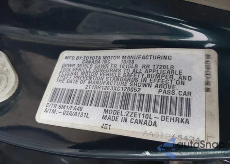 1999 Toyota Corolla Ve z USA, uszkodzony, nr VIN 2T1BR12E3XC128052